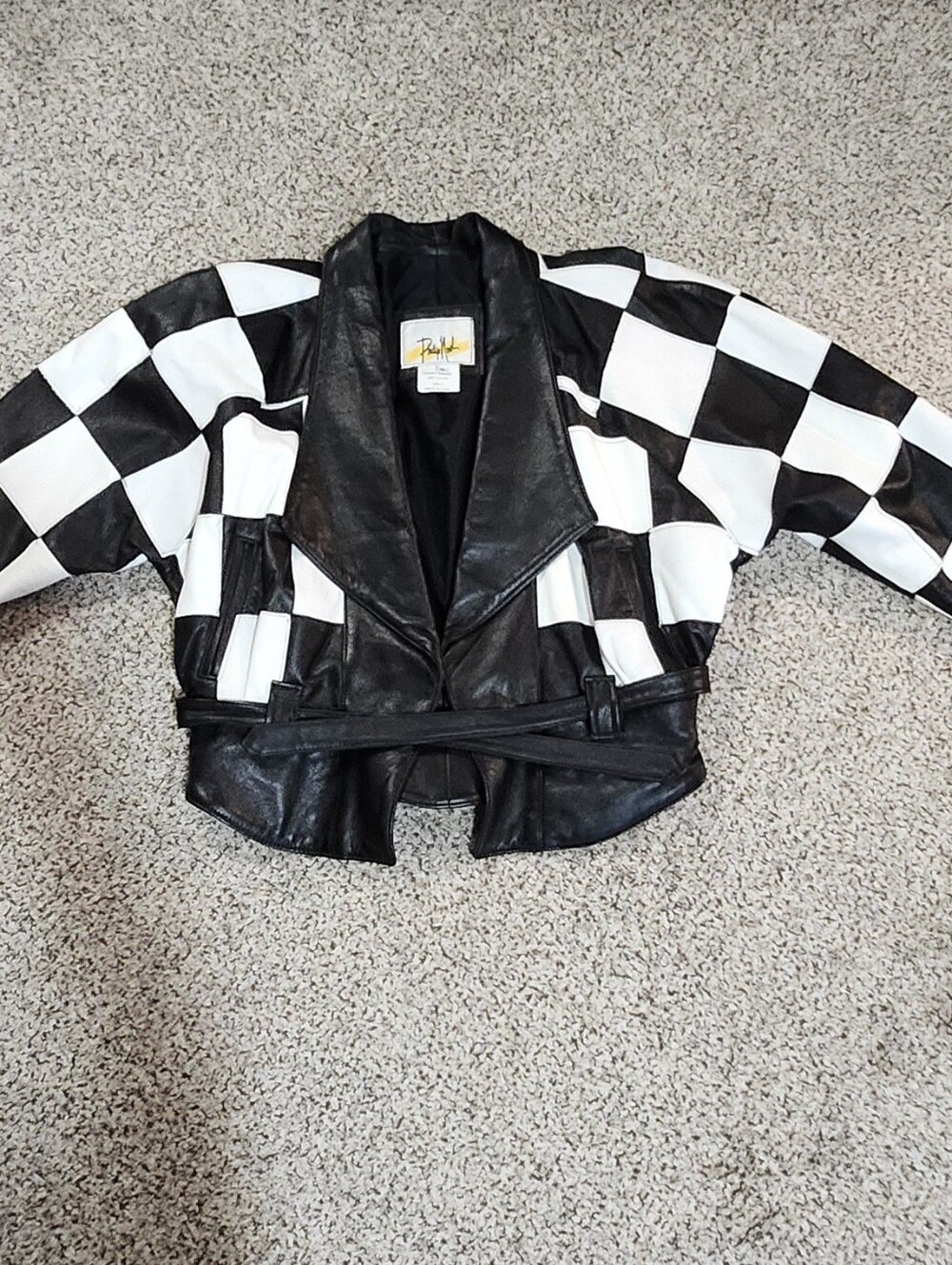 1980's PHILIP NOEL Checkerboard Black and White Leather Cropped Jacket Sz M